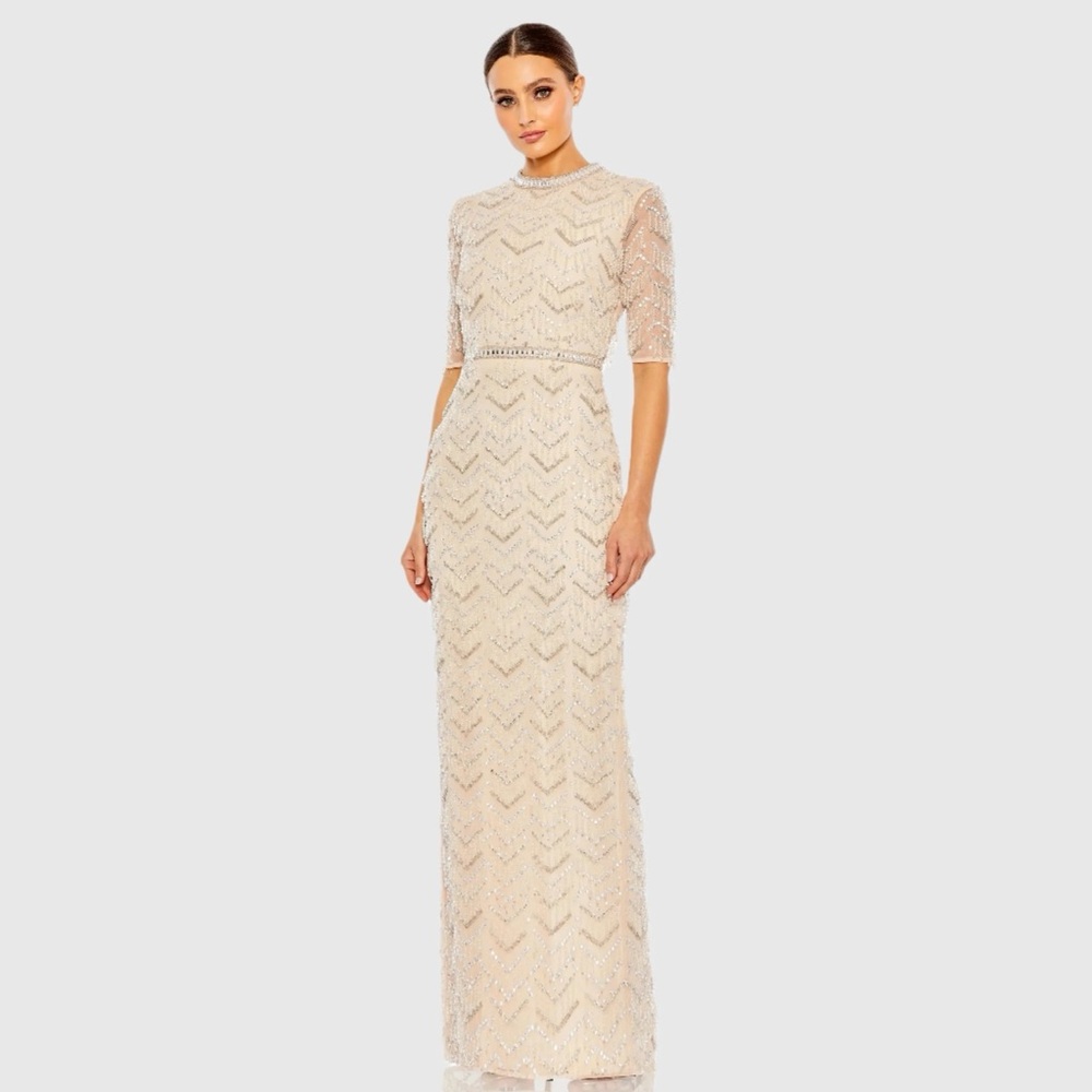 MAC DUGGAL Beaded Fringe Quarter Sleeve Column Gown